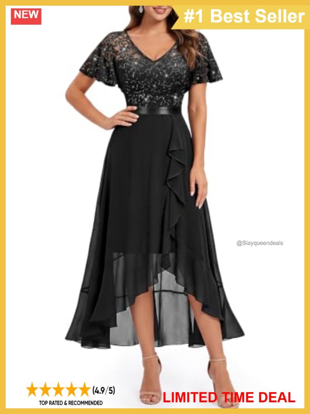 V-Neck Ruffle Butterfly Sleeve Sequined Floral Lace A-Line Midi Wedding Dress